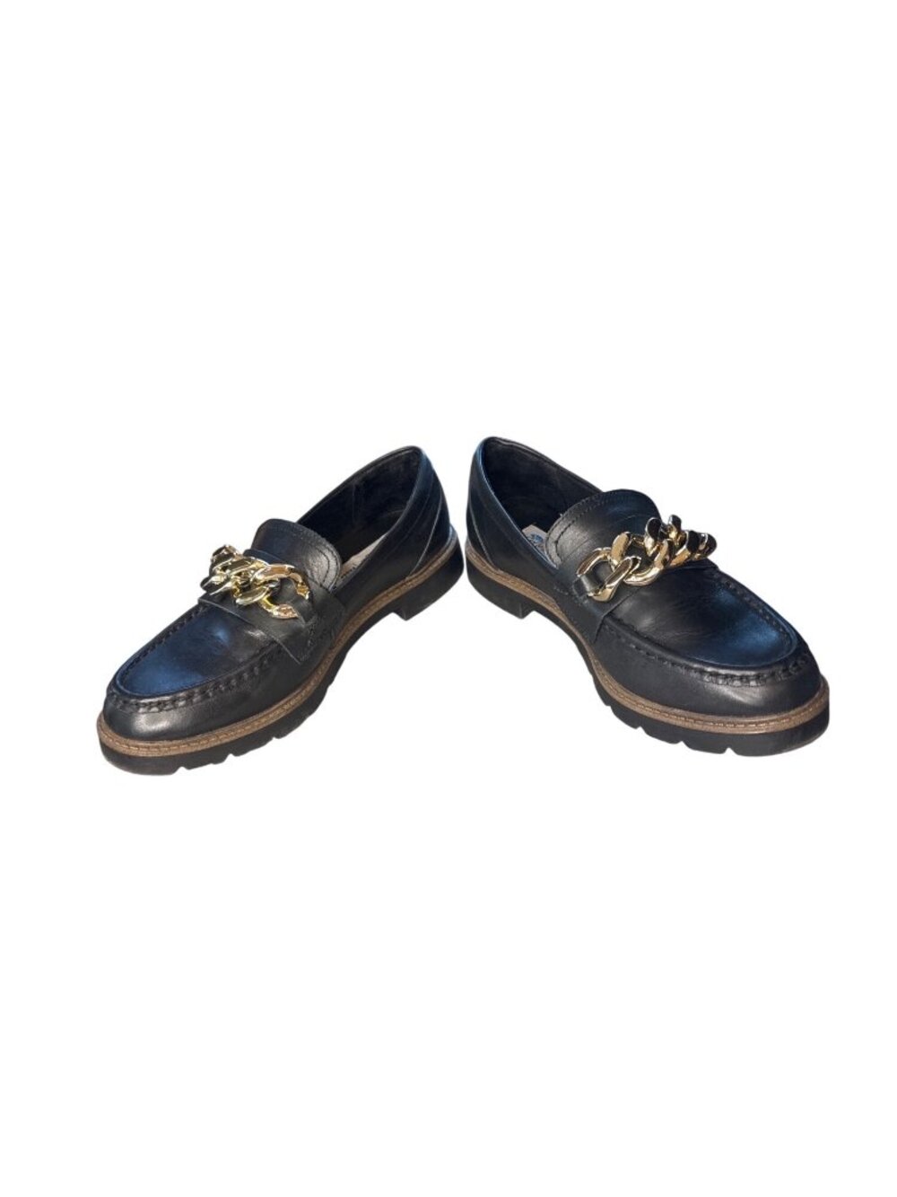Aqua College Black Leather Loafer Gold Chain Lug Sole Size 7 Waterproof